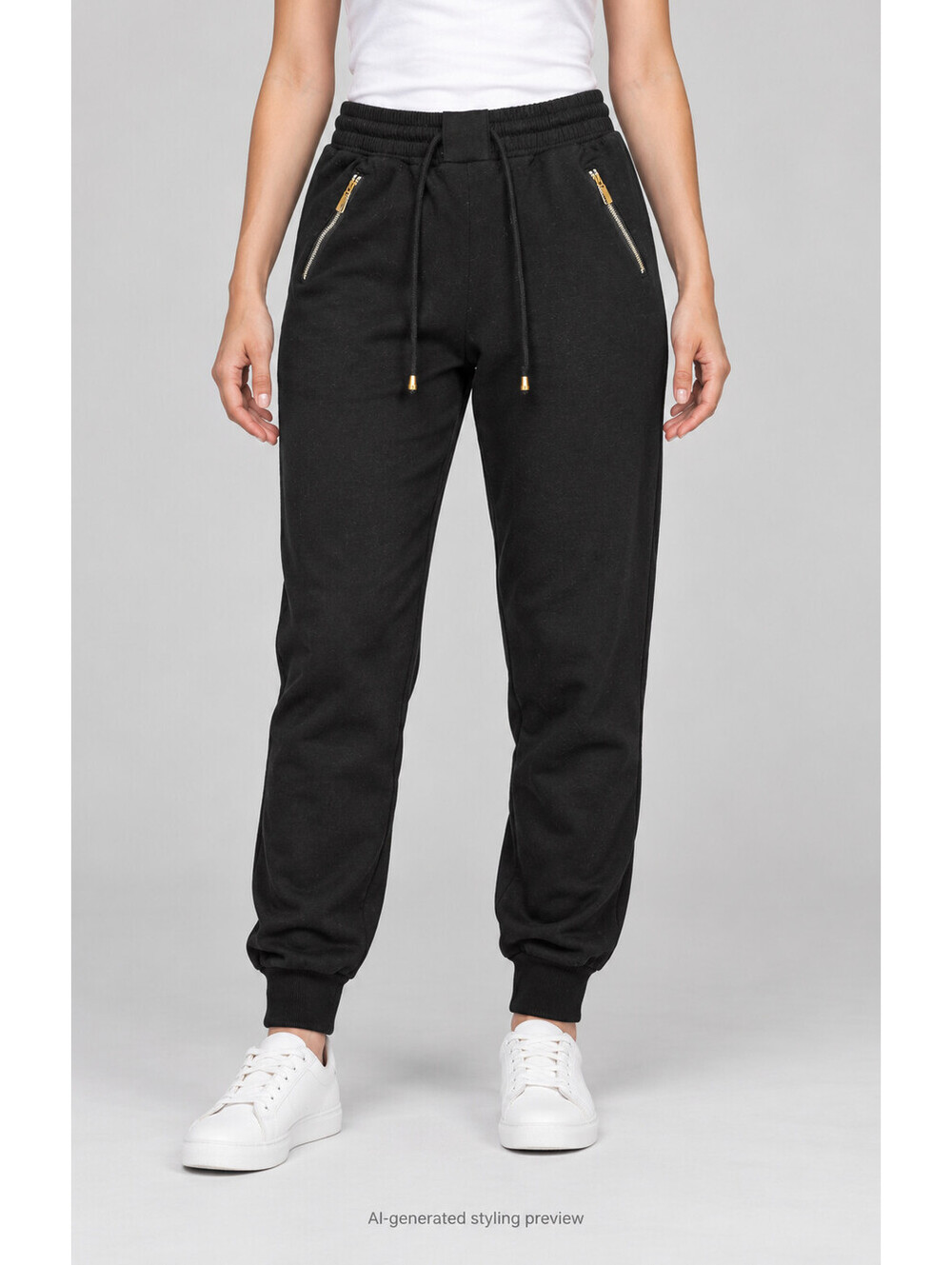 INDERO Women Black Jogger Pants S/M Drawstring Zip Pockets Stretch Lounge Casual